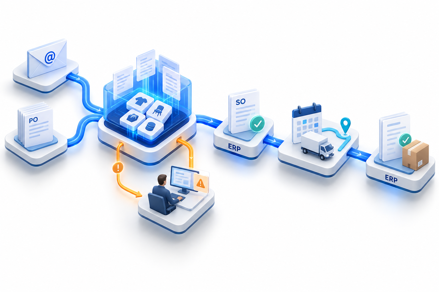 OrdIntel conceptual flow: email and purchase orders enter product matching with a human exception-review branch, then move to an approved ERP sales order, appointment and transit planning, and an ERP delivery record.